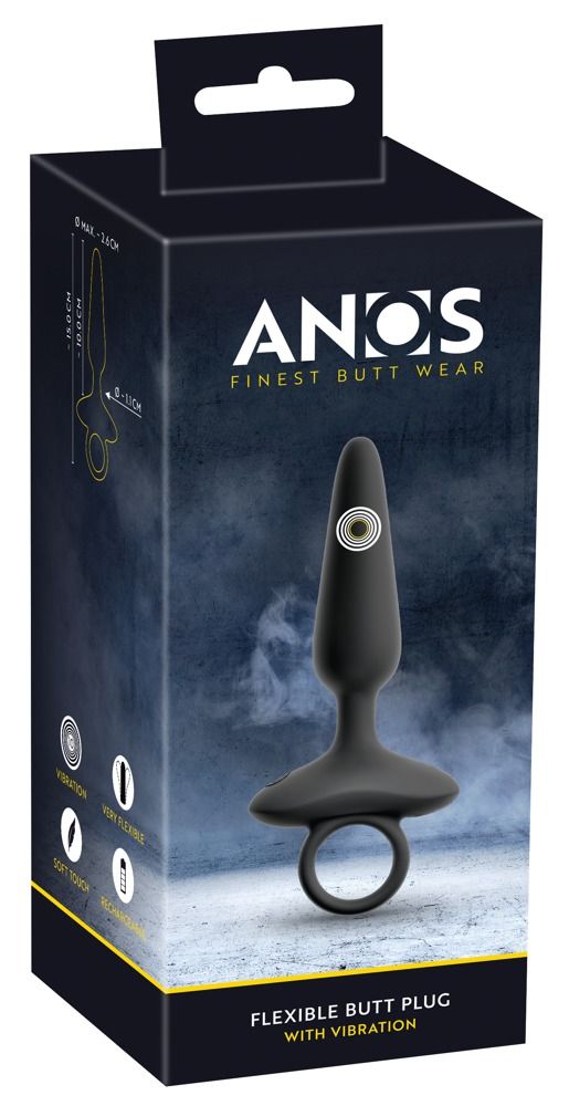 Emballage d'un plug anal ANOS noir avec fonction vibrante.
