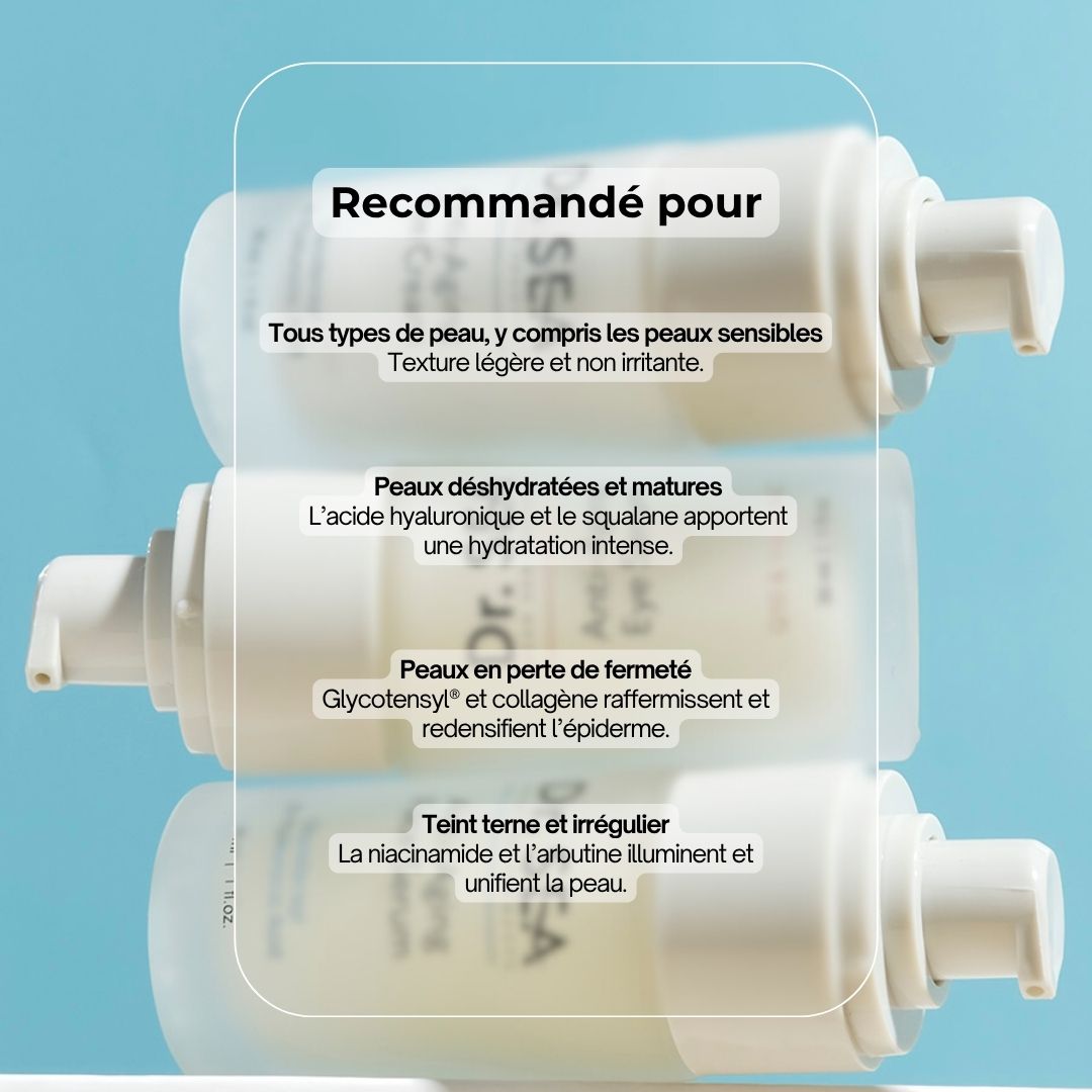 Flacons de sérum. Recommandé pour : Tous types de peau, peau sèche, perte de fermeté, teint terne. Texte : Anti-Aging Face Serum.