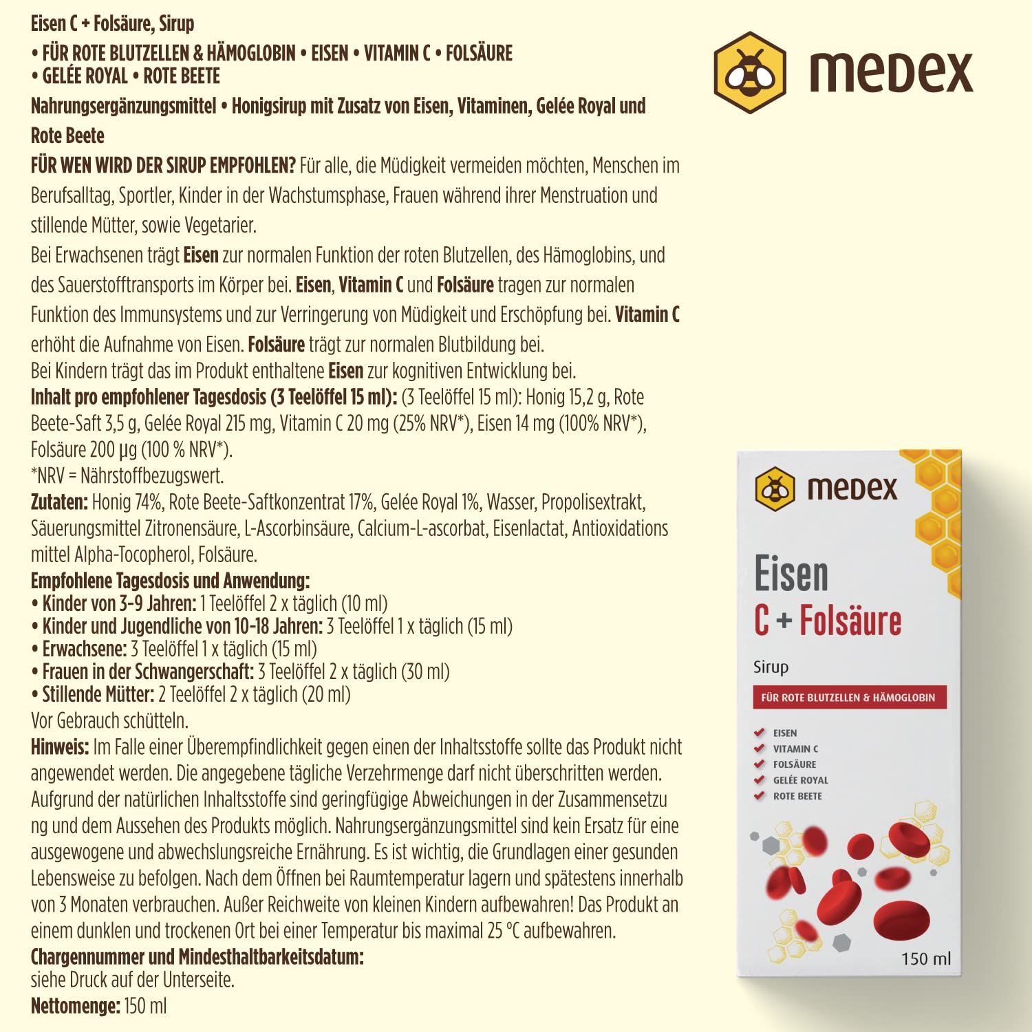 Medex Fer C + Acide Folique Sirop : Informations détaillées sur le produit en allemand, y compris les ingrédients et les recommandations d'utilisation. Bouteille et boîte représentées.