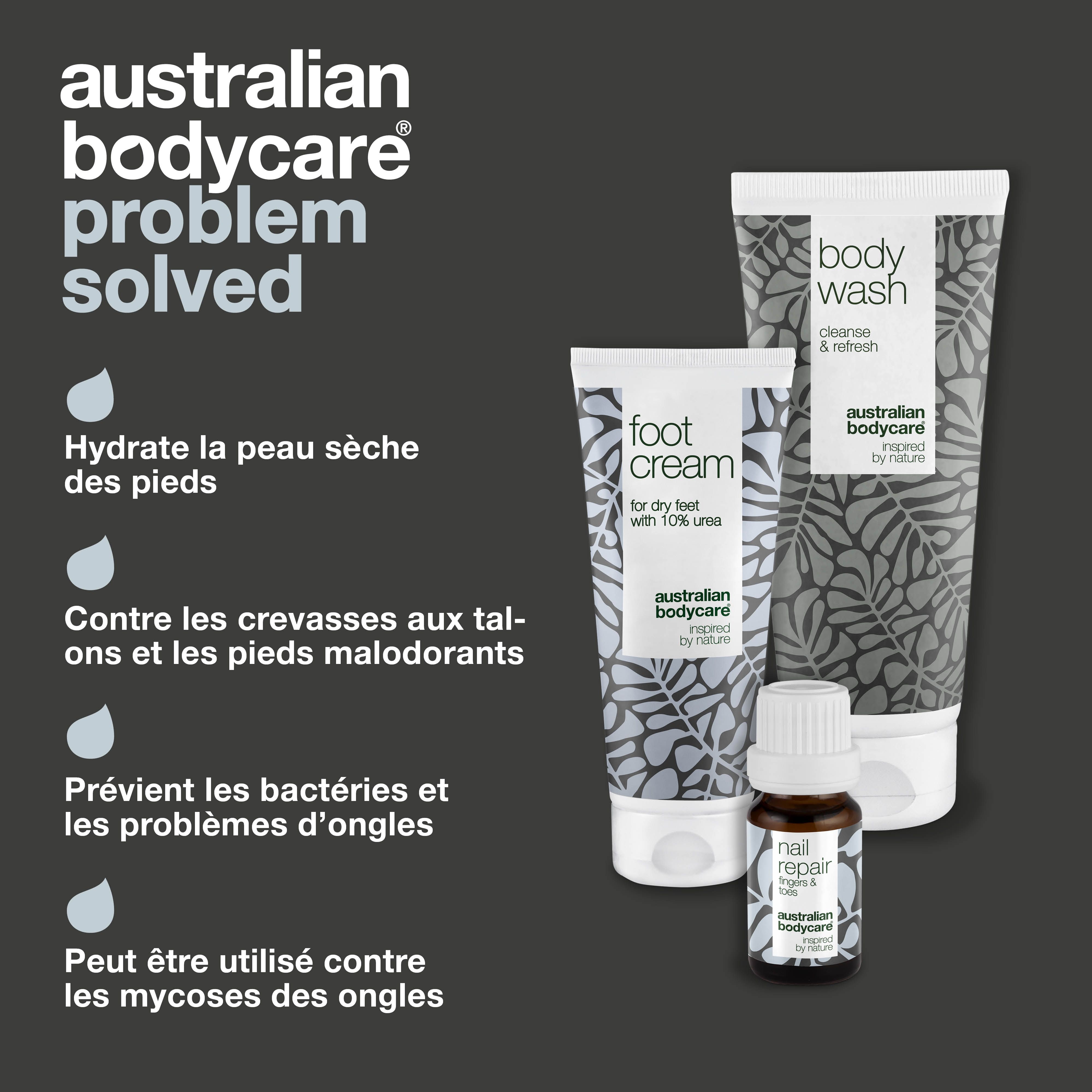 Produits Australian Bodycare. Crème pour les pieds, gel douche et huile réparatrice pour les ongles. Texte : Problème résolu.