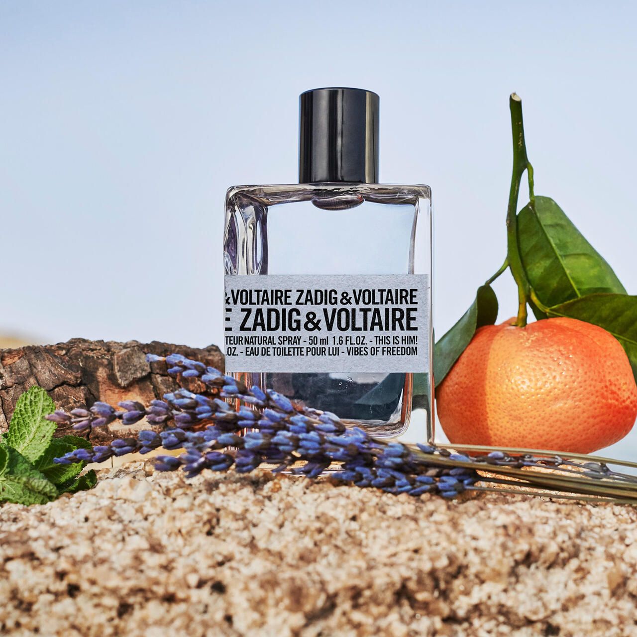 Flacon Zadig & Voltaire Eau de Toilette. Flacon avec bouchon noir. Lavande, orange et menthe à côté.
