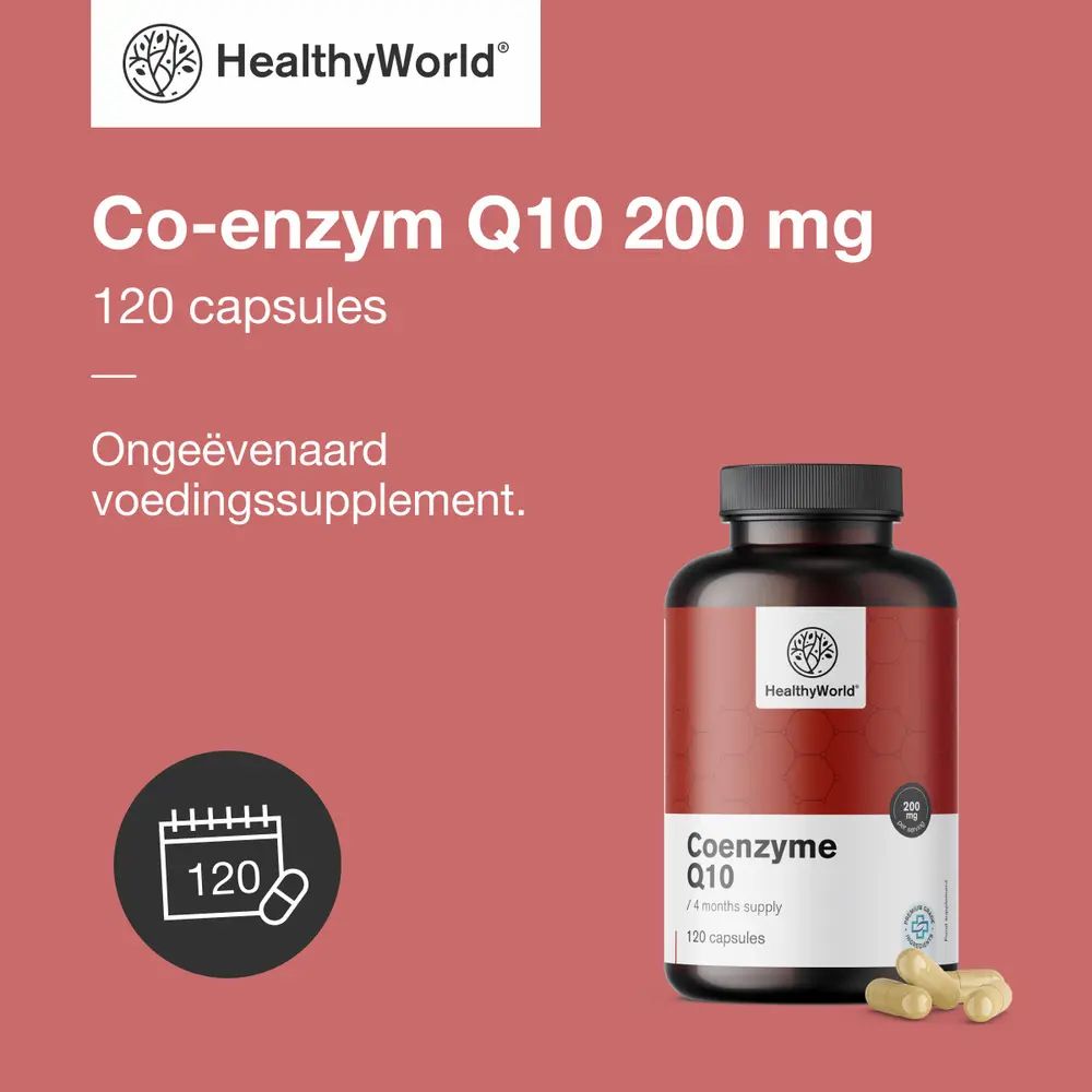 Vrouw houdt fles vast. Opschrift: HealthyWorld, Co-enzym Q10, 200 mg, 120 capsules. Tekst: Beste keuze.