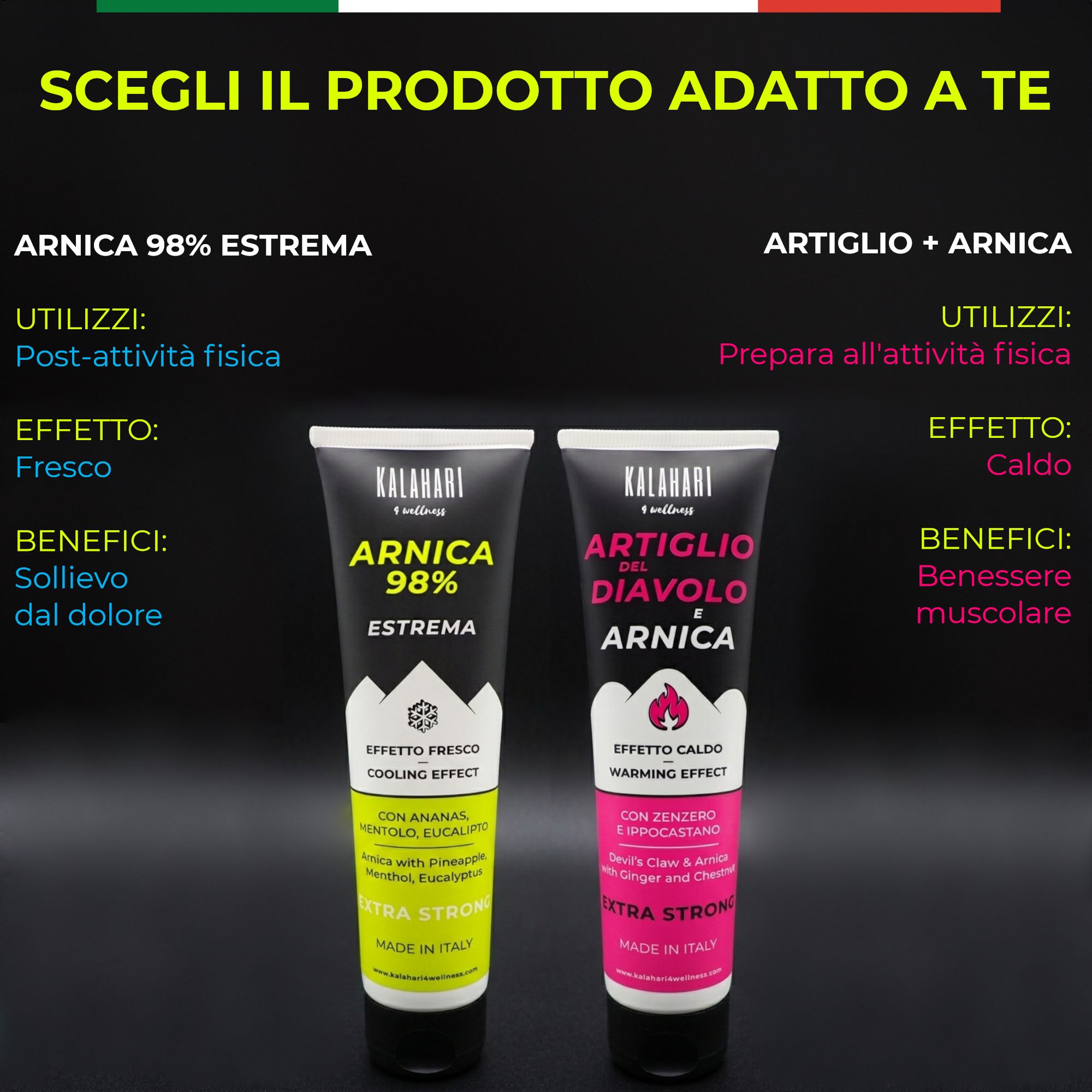 Comparaison des gels KALAHARI Arnica 98% Extrema et Artiglio del Diavolo e Arnica, tous deux "Extra Strong".