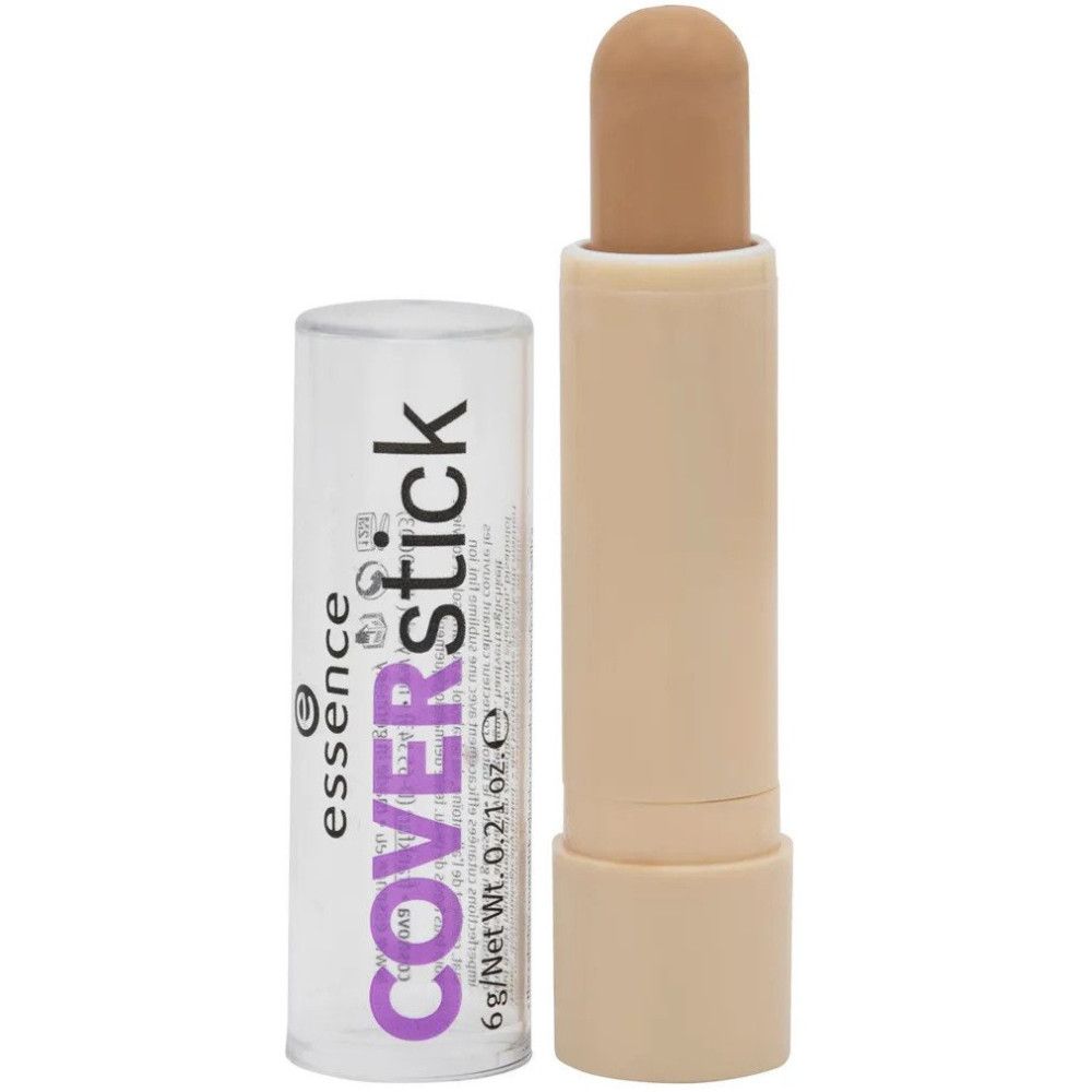 Coverstick concealer, geopend. Productnaam en merk zichtbaar. Gewicht: 6 g / 0,21 oz. Huls en dop.