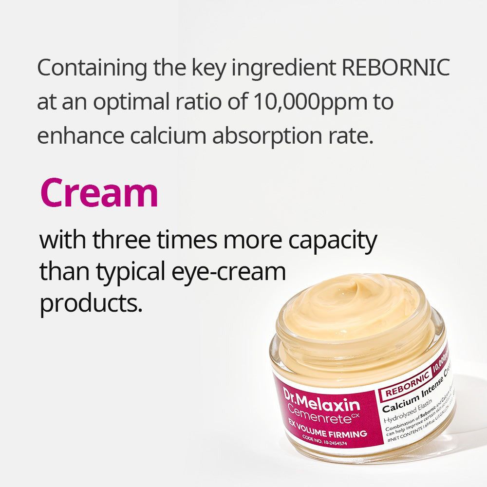 Dr. Melaxin Cemenrete Calcium Intense Cream, un pot en verre avec une texture crémeuse, avec étiquette.