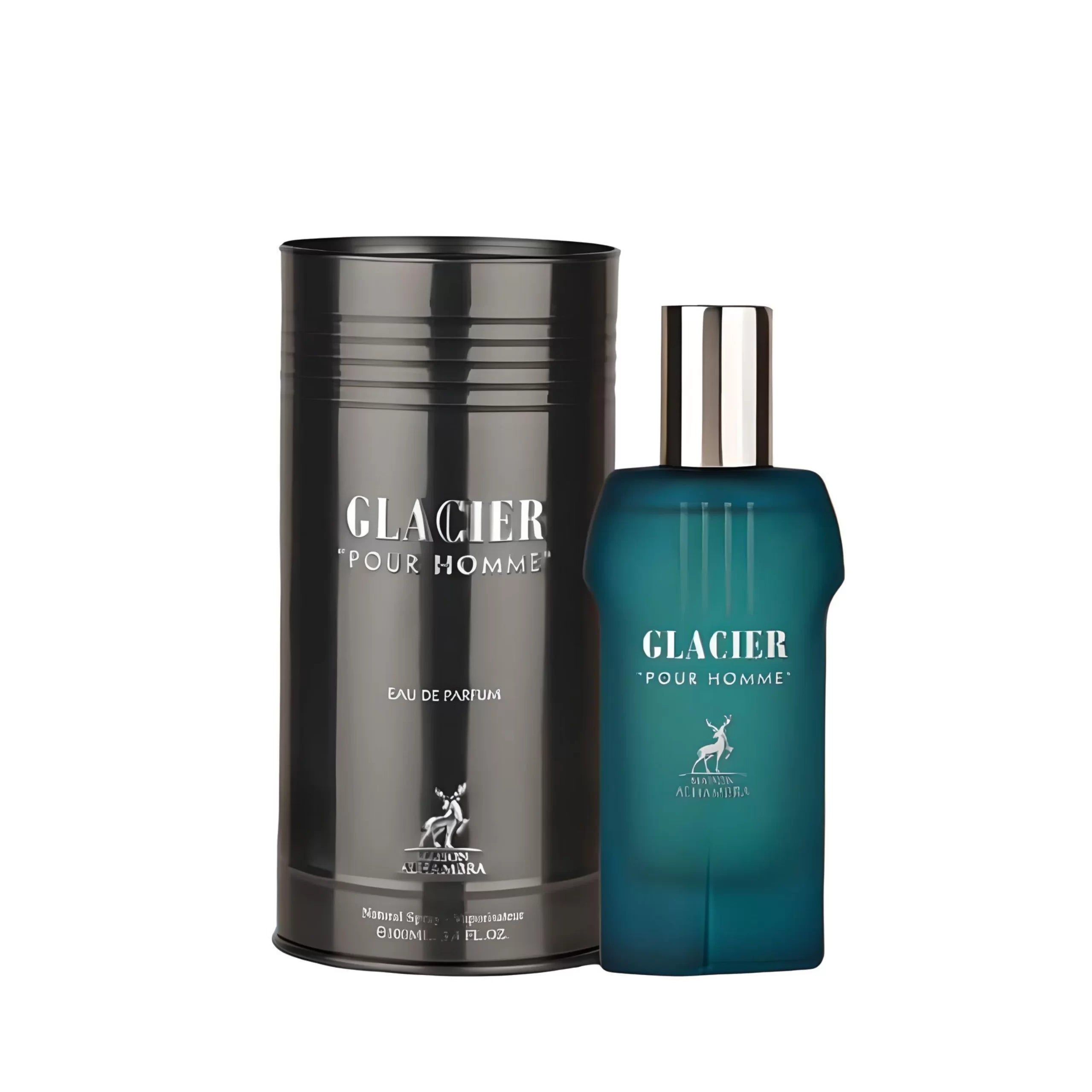 Flacon d'eau de parfum turquoise avec bouchon argenté et boîte assortie.