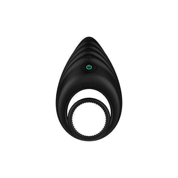 Anneau vibrant noir avec surface rainurée et bouton d'alimentation. Un petit anneau est attaché en bas.