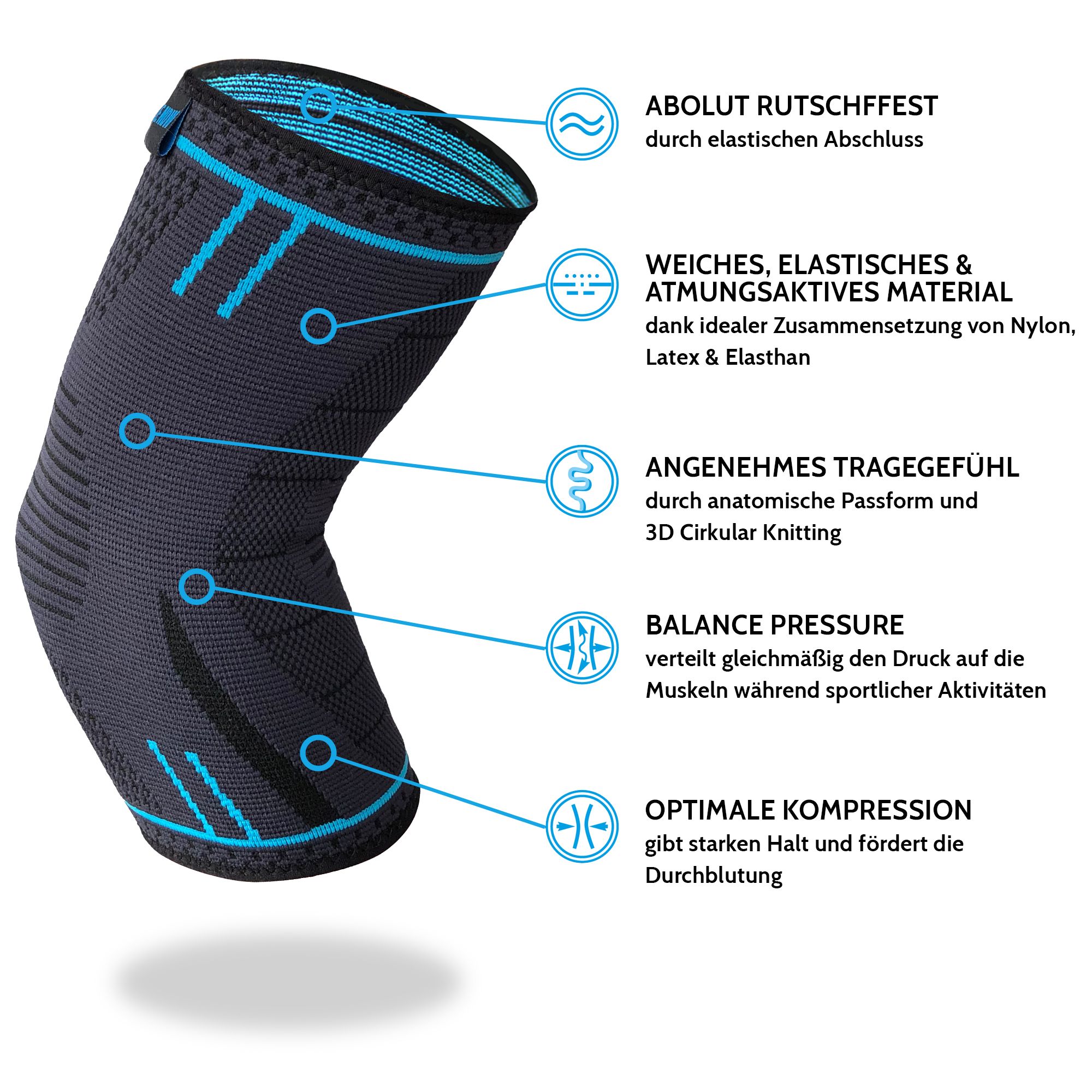 Bande de coude grise-noire. Coupe anatomique. Matériaux : nylon, latex, élasthanne. Avec texte.