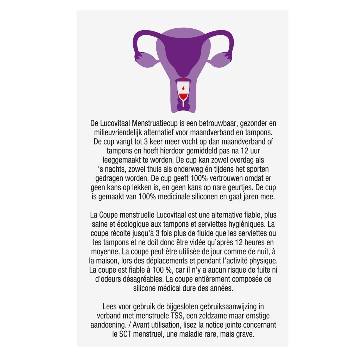 Tekst op witte achtergrond. Beschrijving van de menstruatiecup. Gemaakt van 100% medische siliconen. Herbruikbaar.