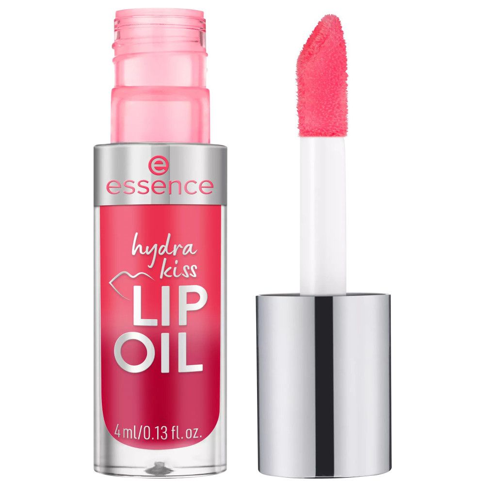 Lipolieflacon met open applicator. Roze vloeistof, witte stift, zilveren dop. Opschrift: Hydra Kiss LIP OIL.