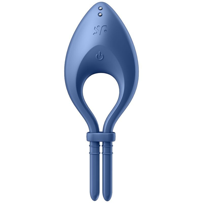 Vibrateur annulaire bleu avec deux stimulateurs et un bouton d'alimentation.