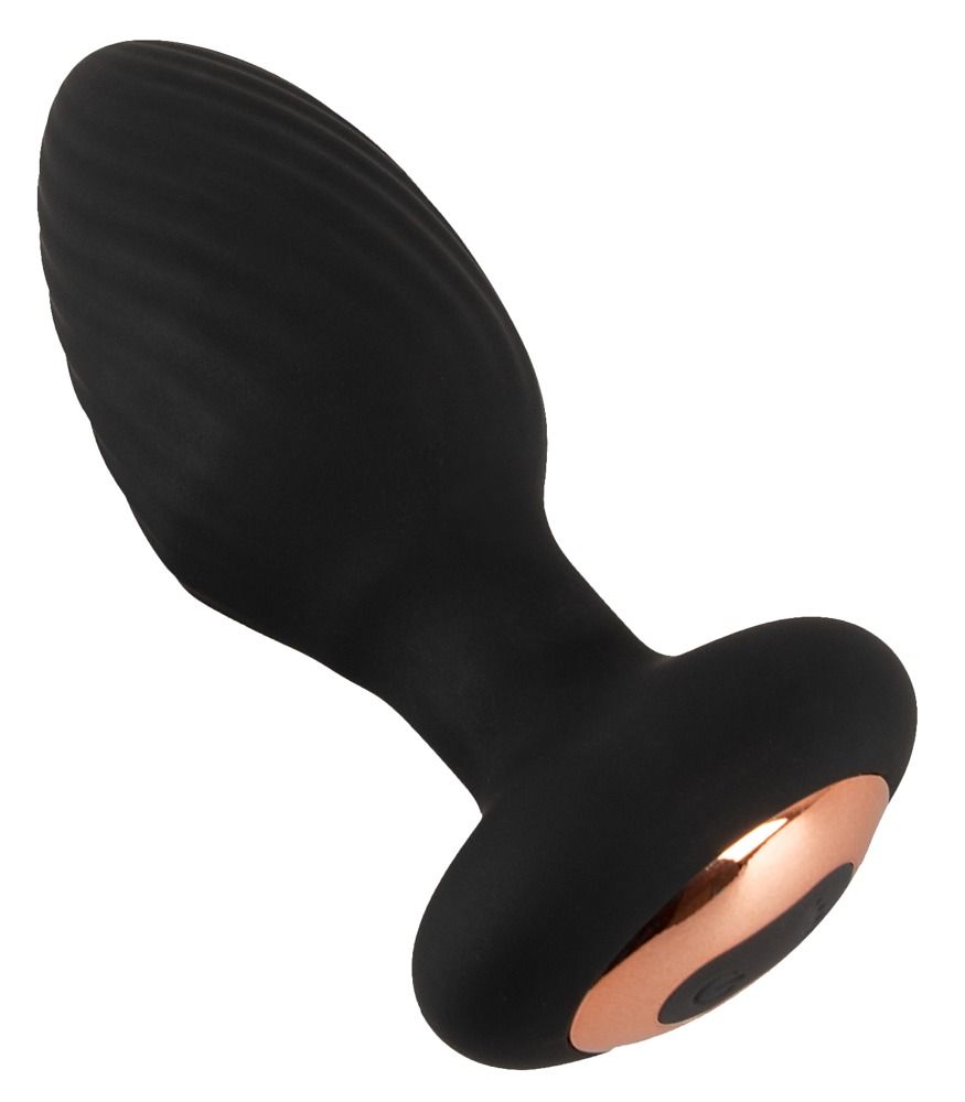 Plug anal noir avec texture spirale, accent cuivré et boutons de commande.