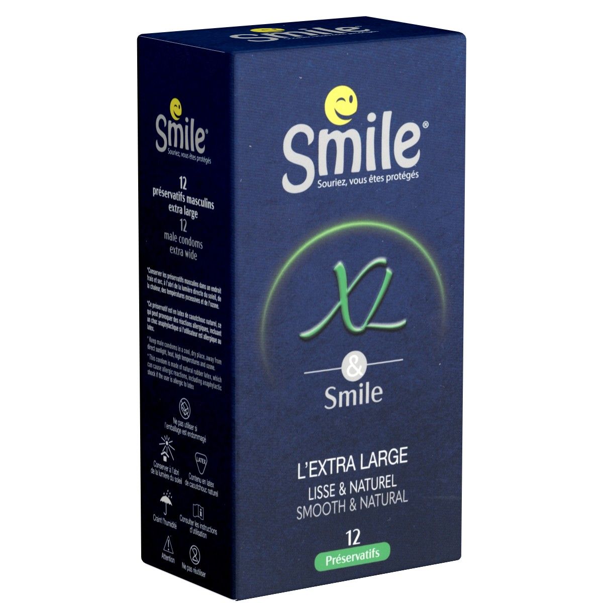 Donkerblauwe doos met "Smile" logo en "XL" tekst. Bevat 12 condooms. Tekst: "L'EXTRA LARGE, lisse & naturel". 