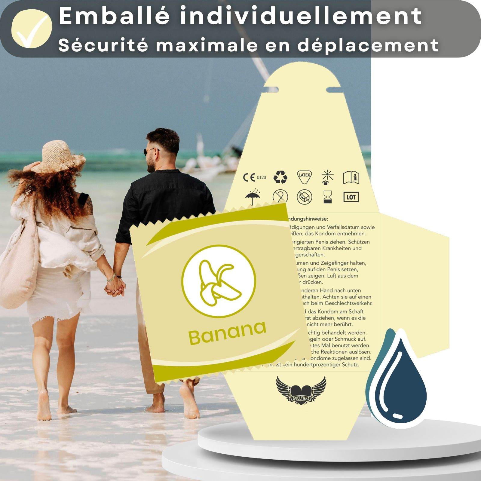 Emballage de préservatifs, goût banane, emballé individuellement, logo.