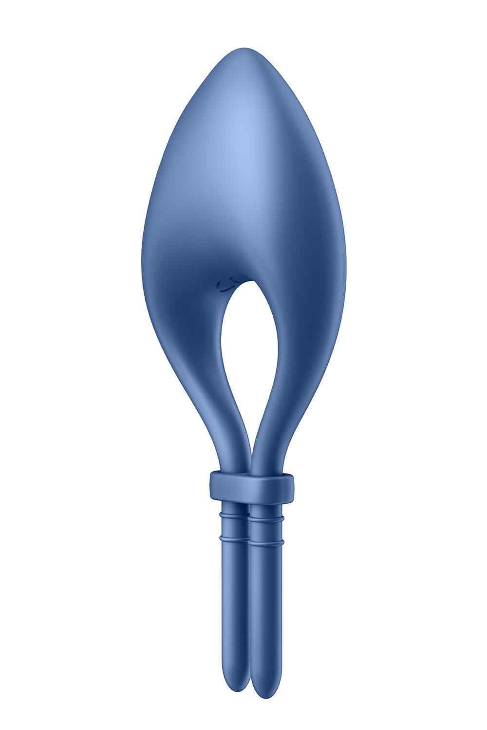 Vibrateur annulaire bleu avec deux stimulateurs et un bouton d'alimentation.