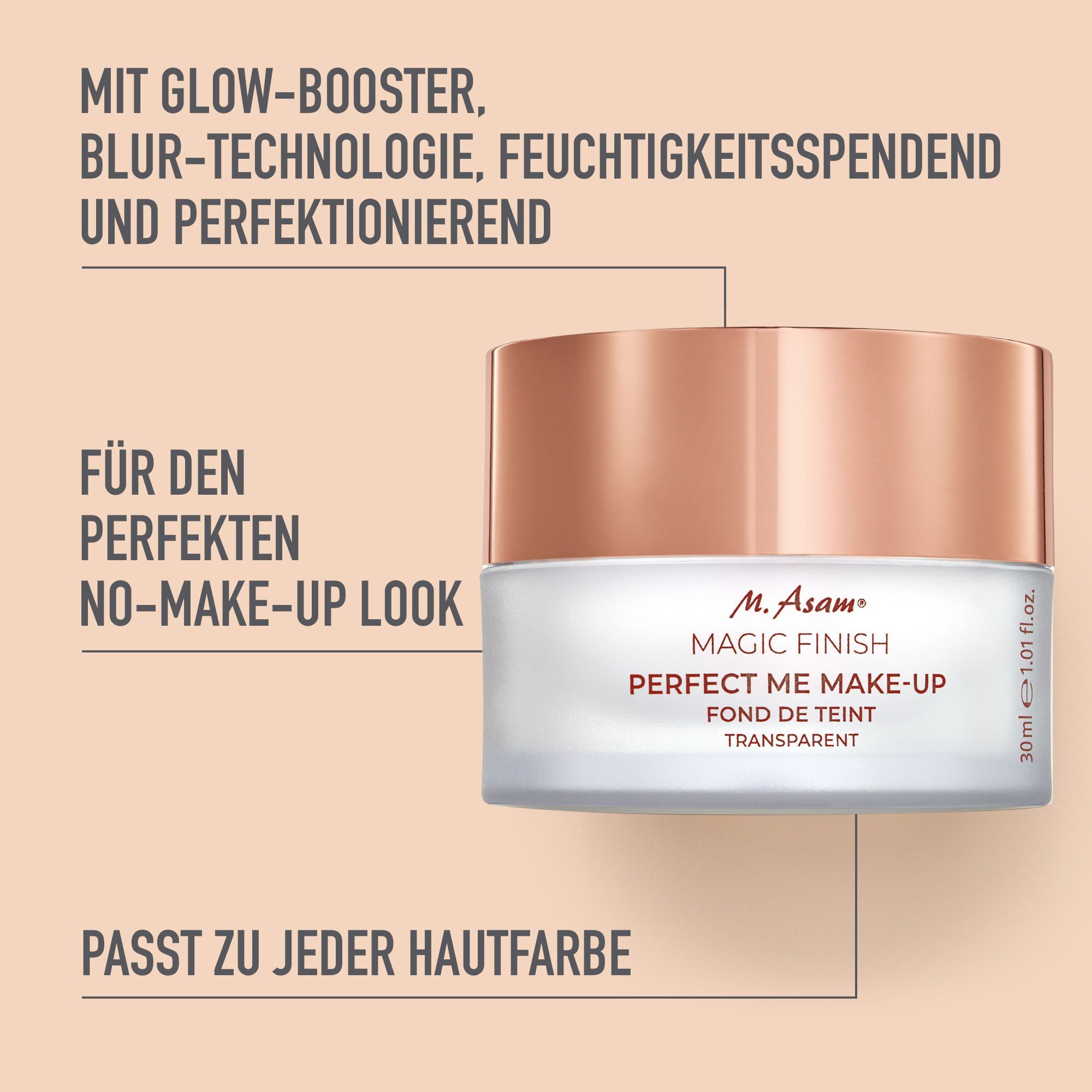 M. Asam Magic Finish Make-up. Produit avec texte : Pour le look parfait sans maquillage. Avec Glow-Booster, technologie floutante, hydratant.