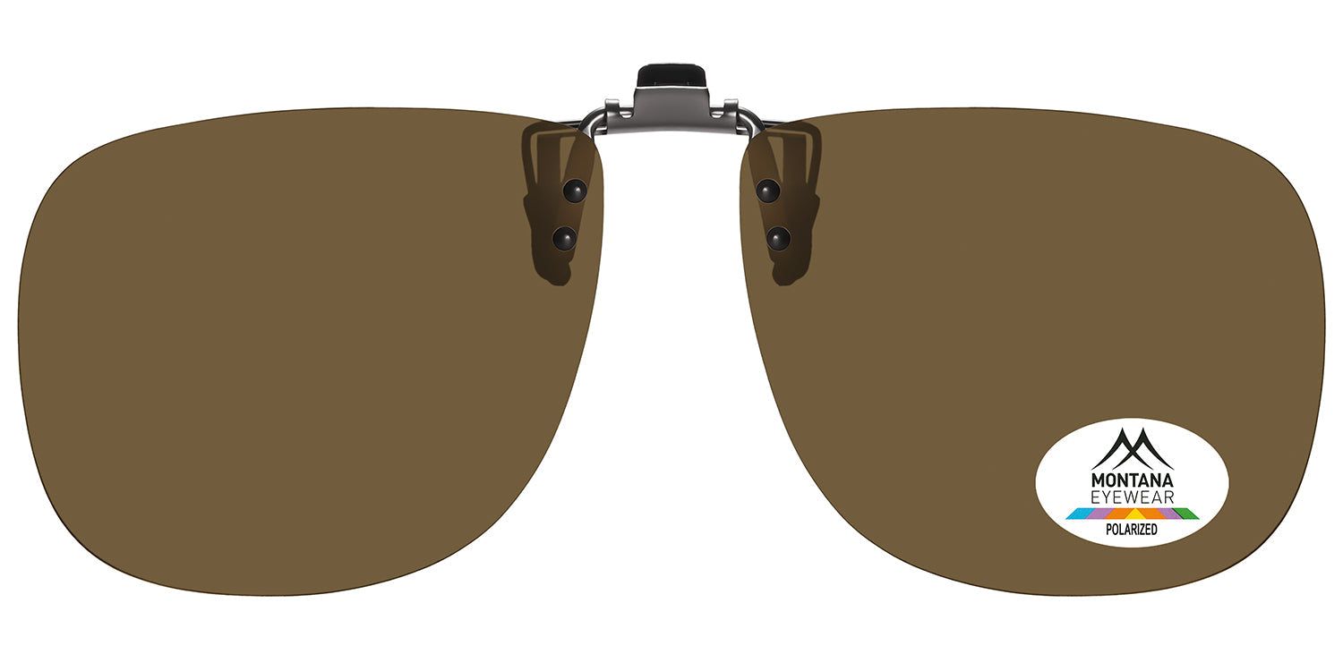 Bruine clip-on zonnebril. Sticker met logo en "POLARIZED".