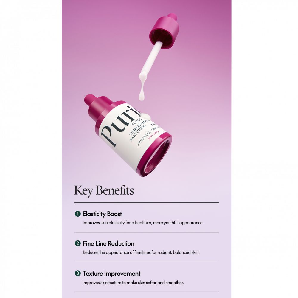 PURITO Timeless Bloom Bakuchiol Serum flesje. Druppel serum. Voordelen: elasticiteit, lijntjes verminderen, textuur.