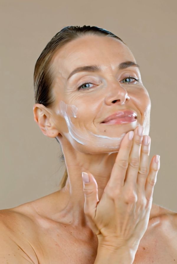 Femme appliquant de la crème sur son visage. La crème est appliquée sur les joues et le menton.