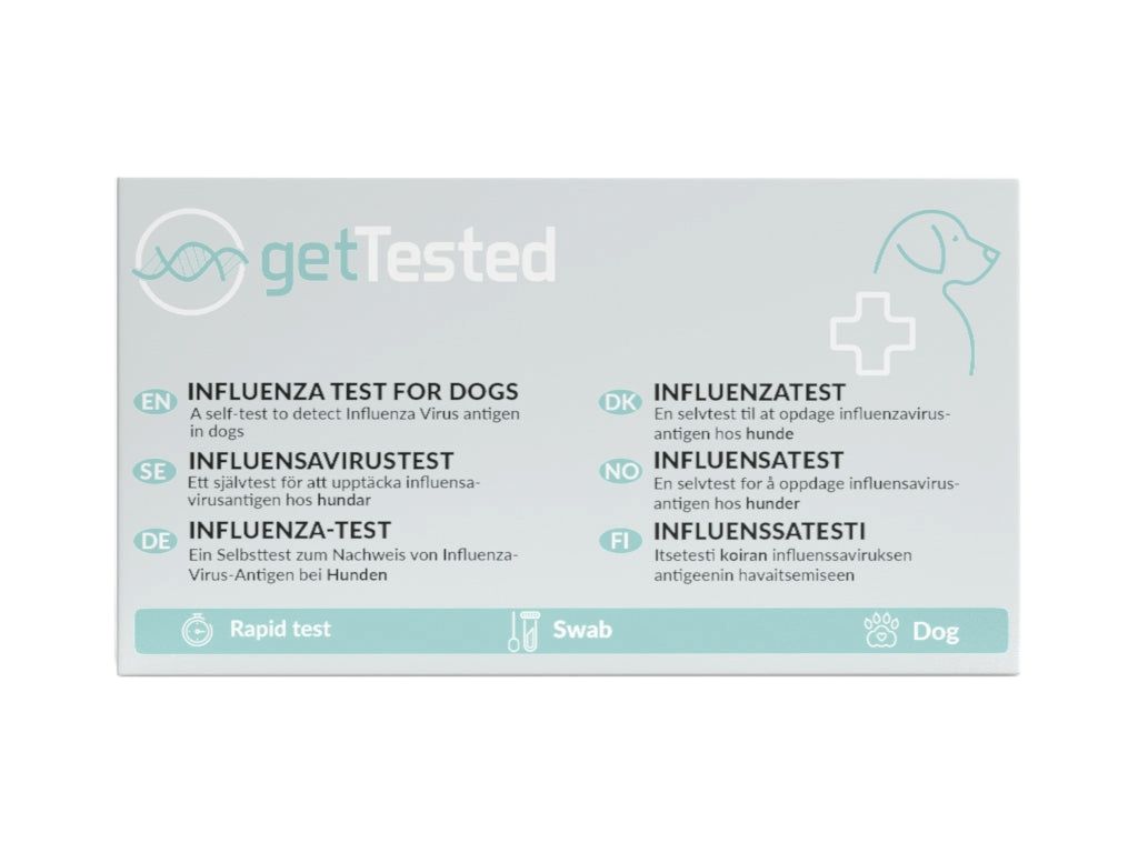 GetTested Influenza-test voor honden. Meertalige verpakking. Bevat een sneltest en een wattenstaafje.