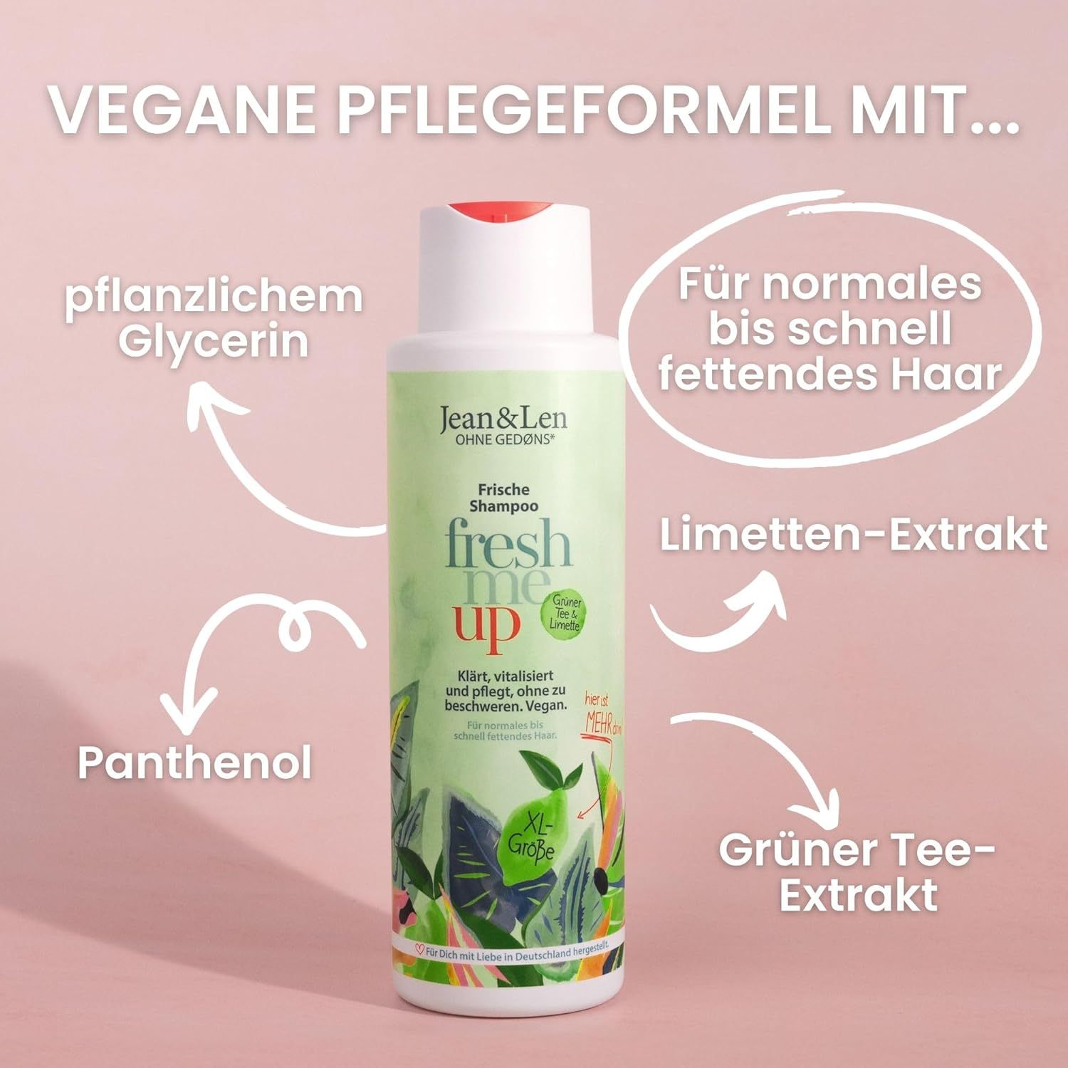 Shampoo vert Jean & Len. Texte : Frische Shampoo, fresh me up. Avec extrait de citron vert, extrait de thé vert, panthénol et glycérine végétale.