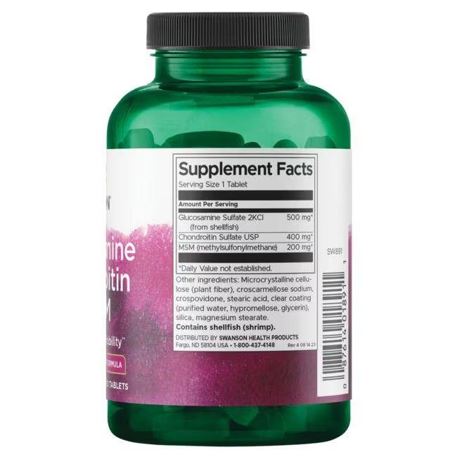 Dos du flacon vert. Étiquette avec informations nutritionnelles. Ingrédients: Glucosamine, Chondroïtine, MSM.
