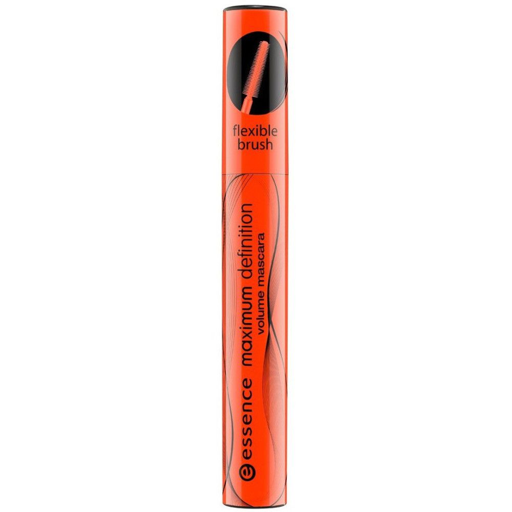 Tube de mascara orange. Inscription : Essence maximum definition volume mascara. Brosse flexible.