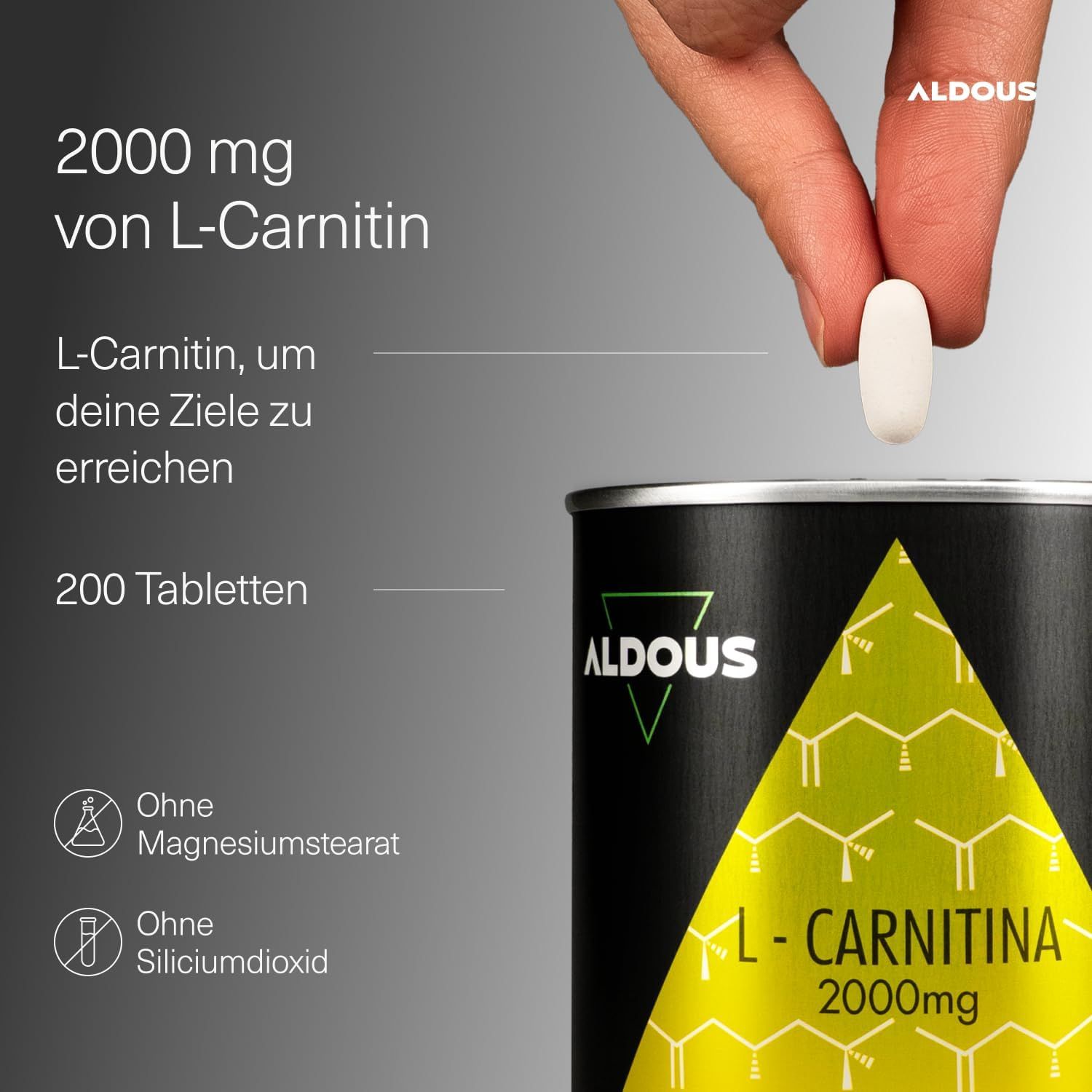 Comprimés Aldous L-Carnitine : 200 pièces, 2000 mg de L-Carnitine par comprimé. Sans stéarate de magnésium ni dioxyde de silicium.