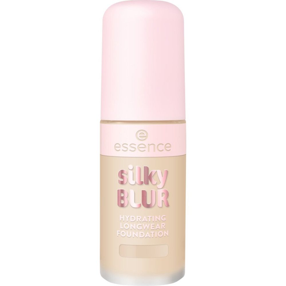 Flacon de fond de teint beige avec bouchon rose. Inscription: Silky Blur, Hydrating Longwear Foundation. Marque: essence.