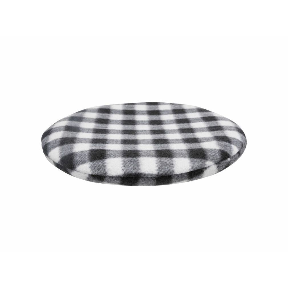 Plaquette chauffante pour micro-ondes ronde, motif à carreaux noir et blanc.
