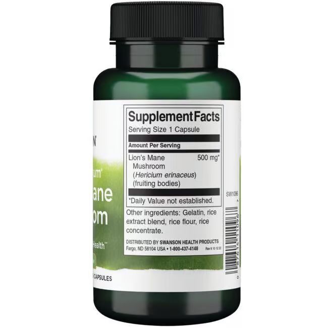 Flacon vert de gélules. Inscription: Lion's Mane Mushroom, 500 mg. Liste des ingrédients et informations nutritionnelles.