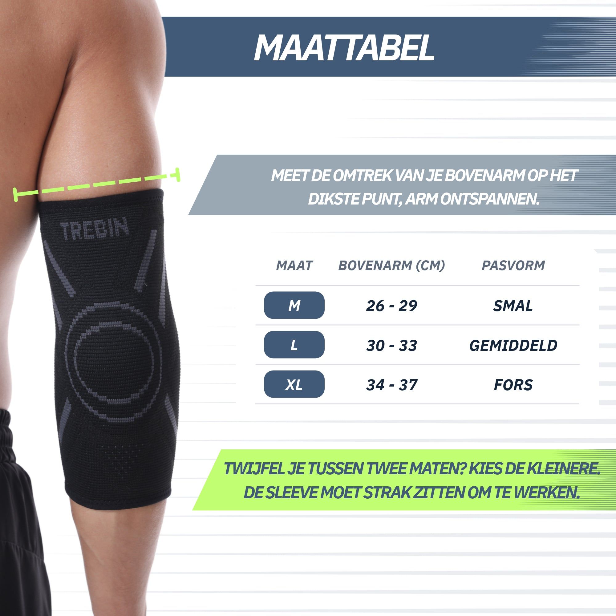 Maattabel voor arm sleeves: maten voor bovenarmomtrek en pasvorm.