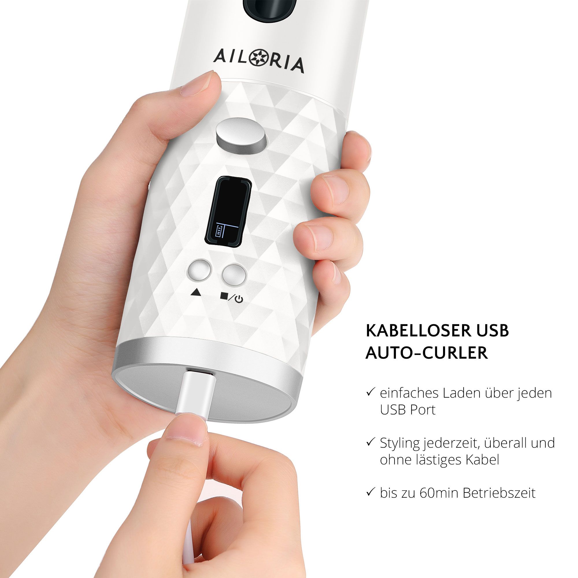 Fer à boucler avec port USB. Logo AILORIA. Affichage numérique. Chargement sans fil. Jusqu'à 60 minutes d'autonomie.