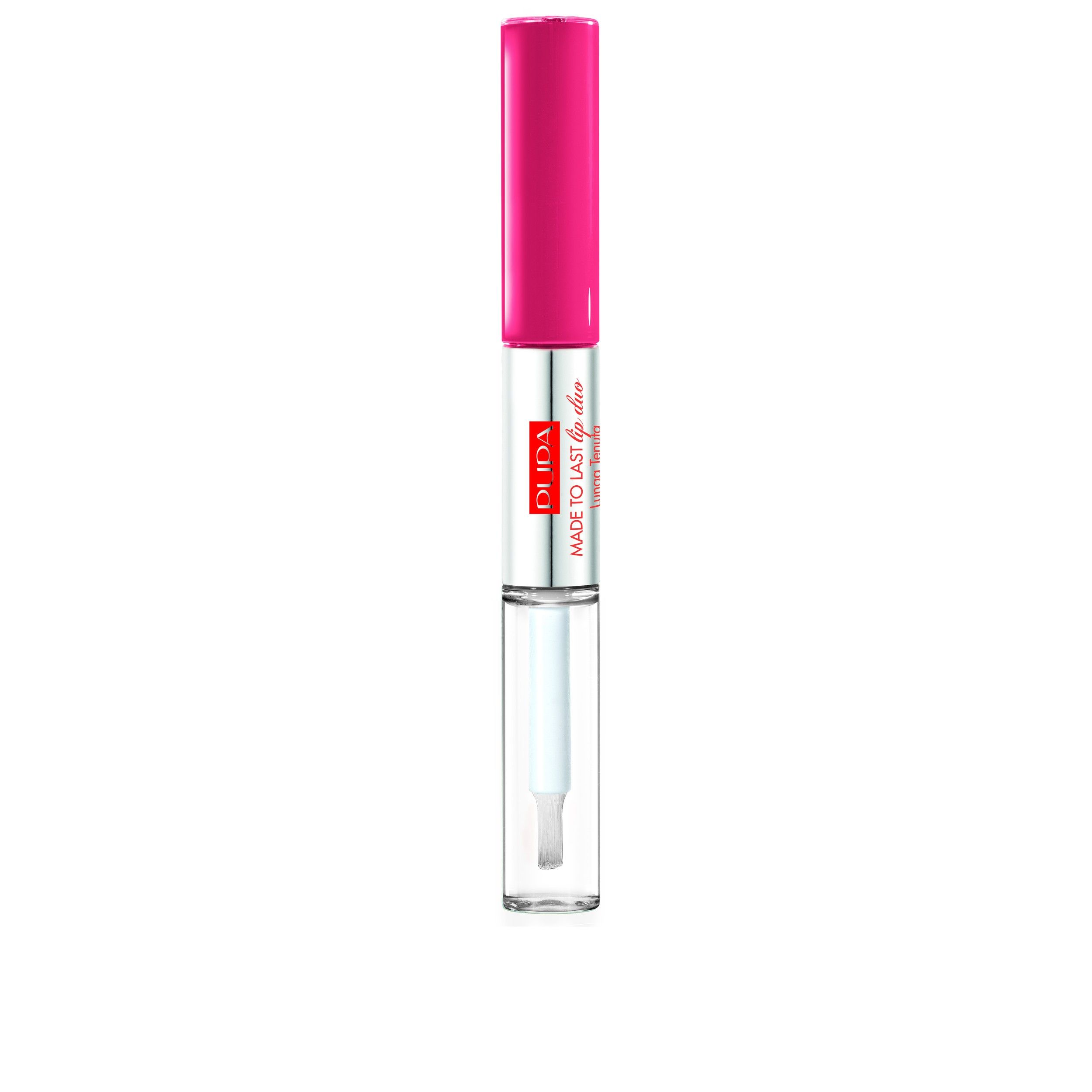 Pupa Made To Last Lip Duo: Lippenstift en gloss in één. Roze applicator boven, transparante gloss onder.
