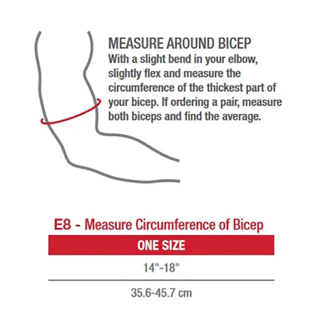 Diagramme pour mesurer la circonférence du biceps. Ligne rouge indiquant le point de mesure. Texte: ONE SIZE, 14"-18", 35,6-45,7 cm.
