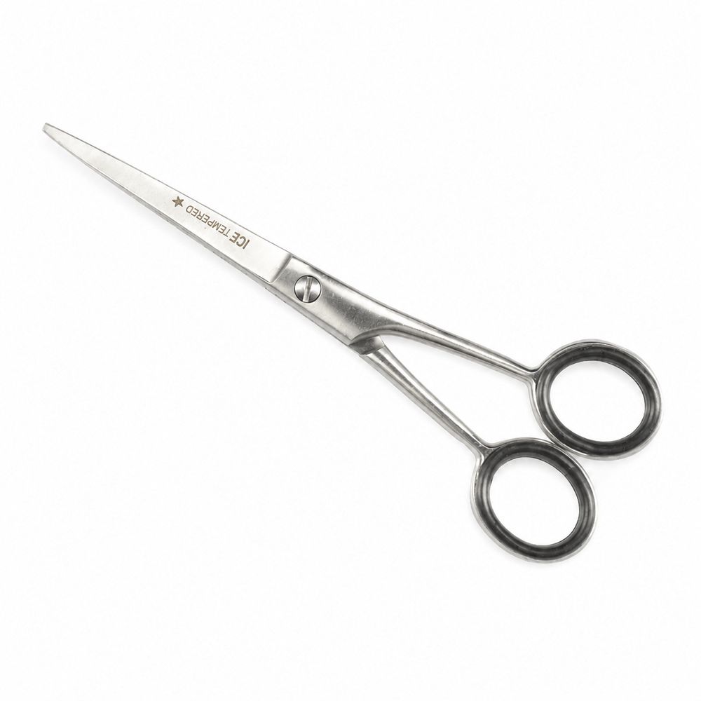 Roestvrijstalen schaar met micro-vertanding en zwarte handvatten.