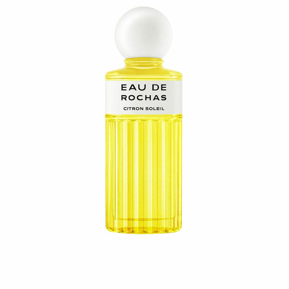 Geel Eau de Toilette flesje met witte dop. Opschrift: Eau de Rochas Citron Soleil.