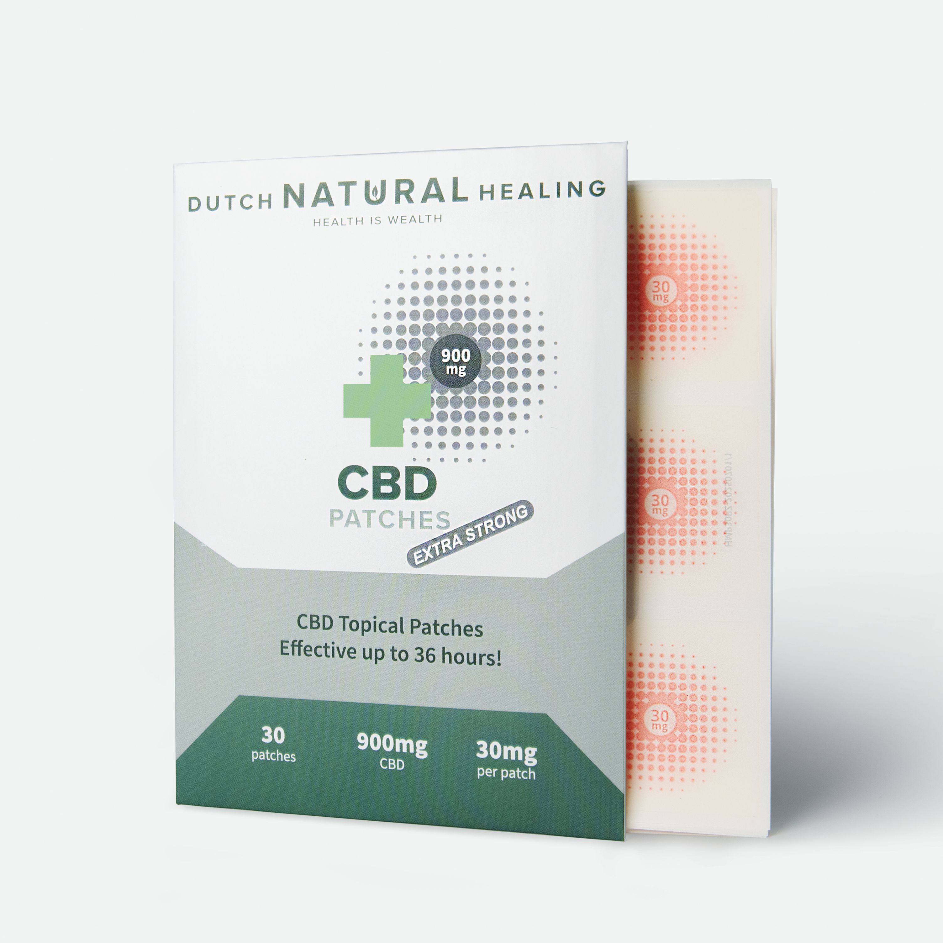 Emballage de patchs CBD. Marque: Dutch Natural Healing. Contient 30 patchs, 900mg CBD. Extra fort.