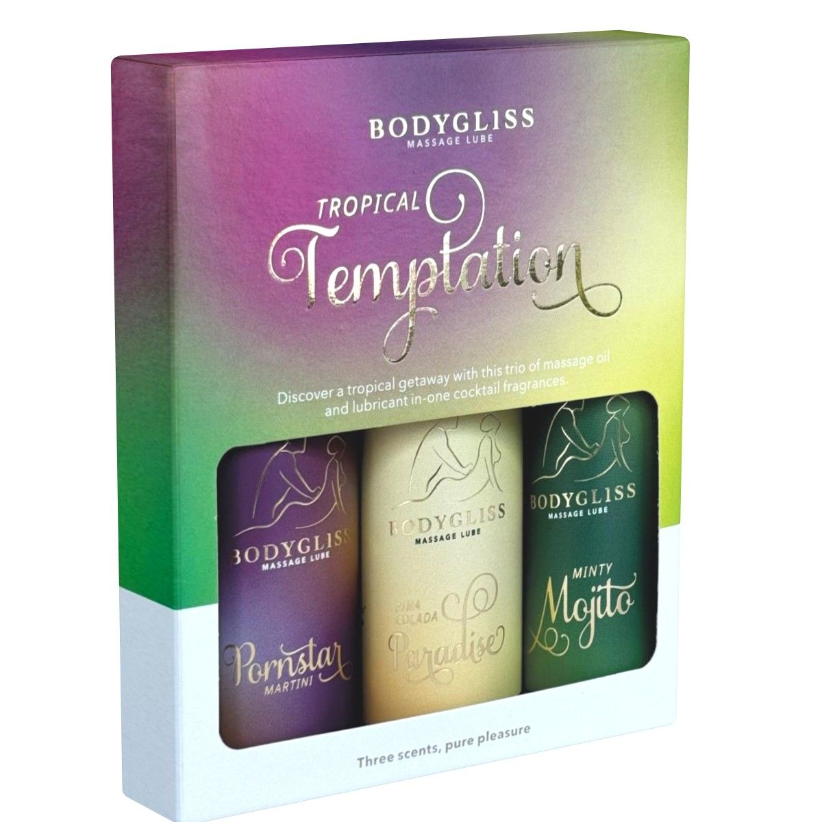 Geschenkverpakking met drie massageoliën. Opschrift: Bodygliss Tropical Temptation. Verschillende geuren: Pornstar Martini, Paradise, Mojito.