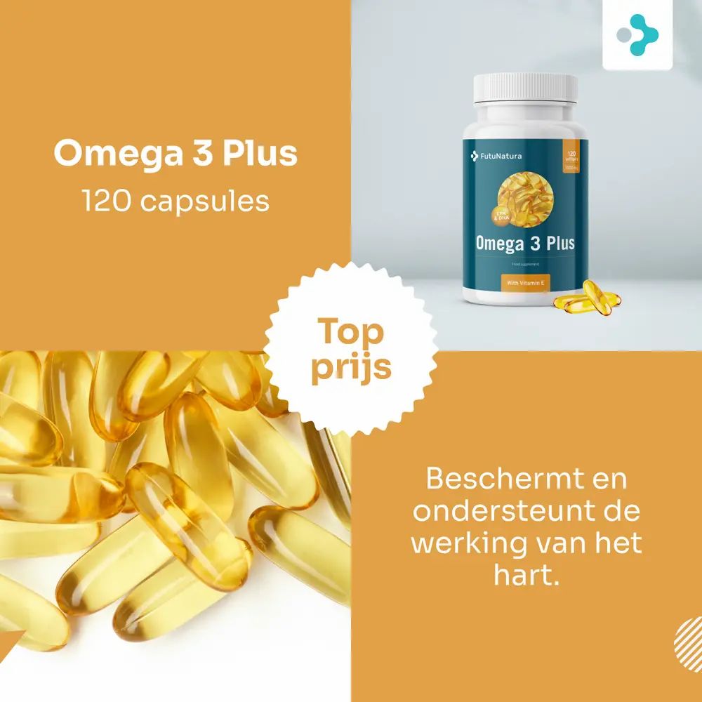 Oméga 3 Plus, 120 capsules. Capsules naast de fles. Tekst: Top prijs, Beschermt en ondersteunt de werking van het hart.