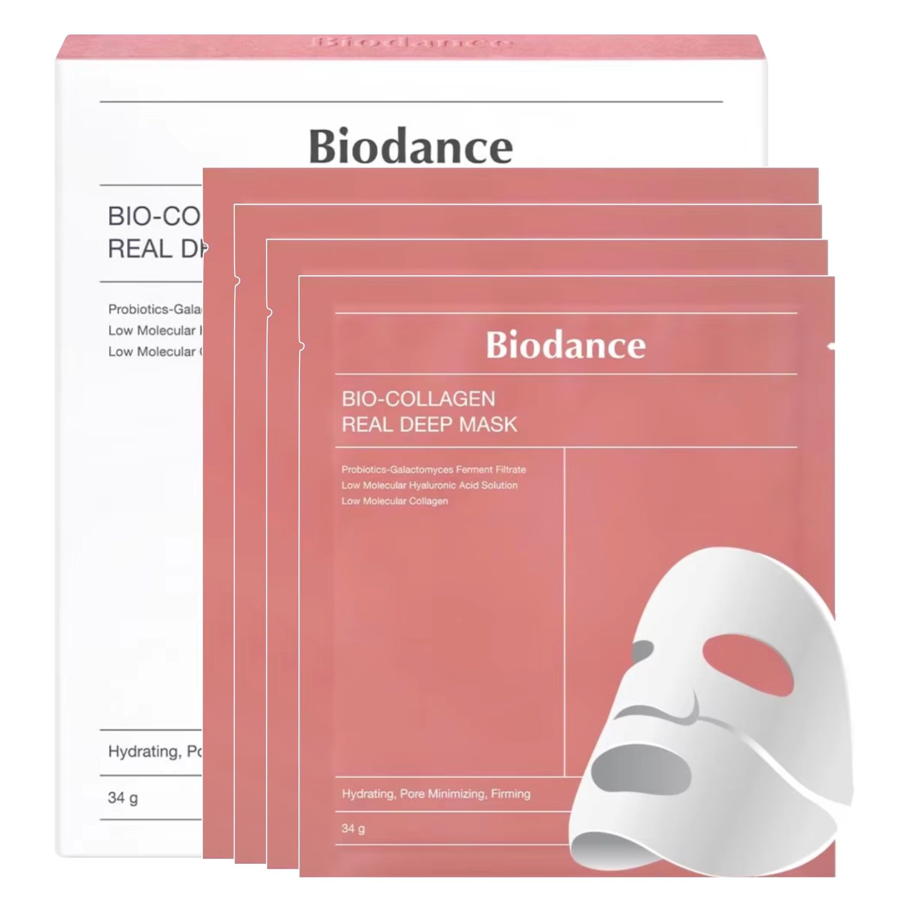 Emballage avec Biodance Bio-Collagen Real Deep Mask. Contient des masques et une boîte. Texte: 34g.