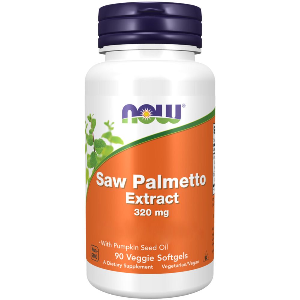 Witte fles met blauwe dop. Oranje etiket met tekst: Saw Palmetto Extract 320 mg. 90 Veggie softgels. Merk: NOW.