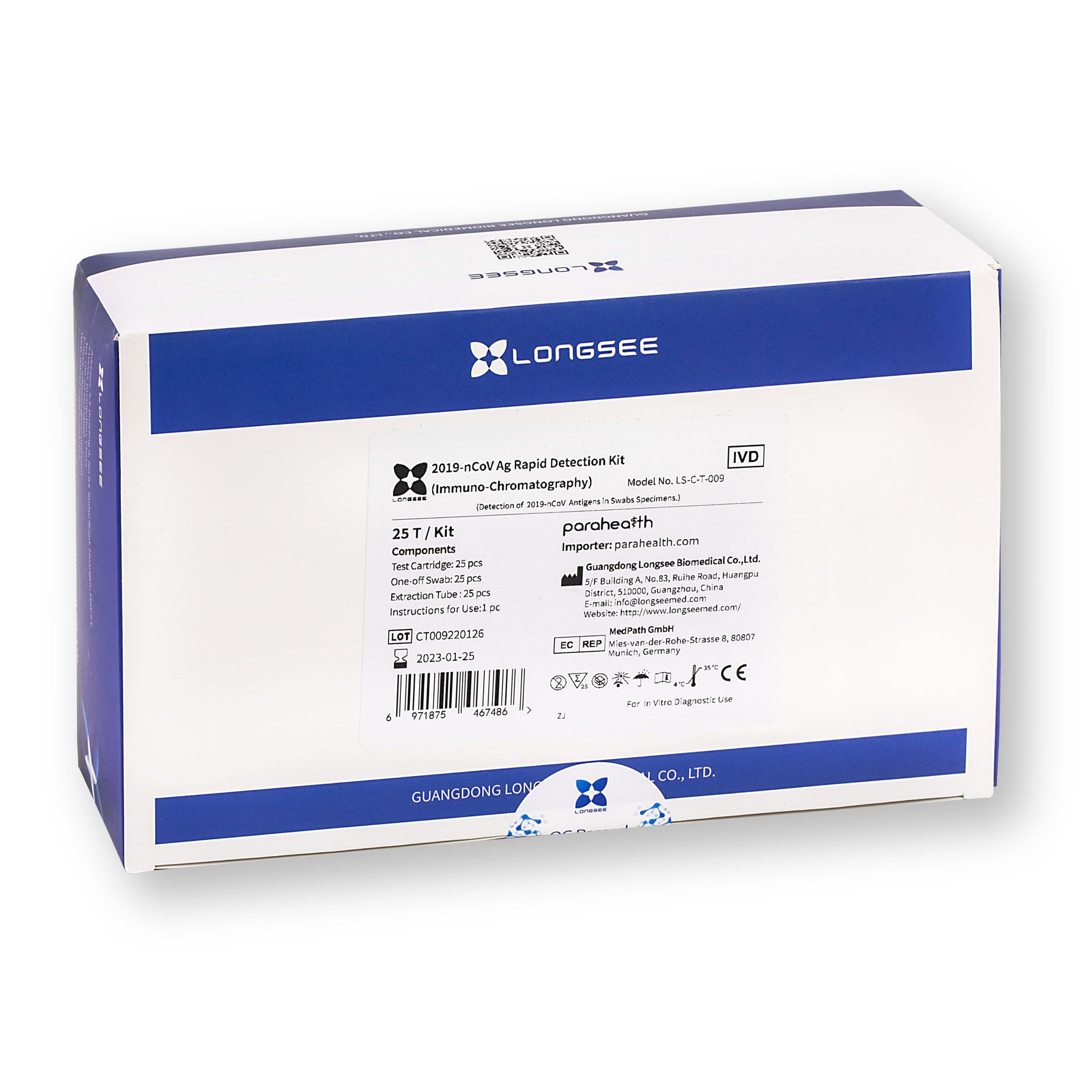 Emballage avec informations produit. Impression: Longsee, 2019-nCoV Ag Rapid Detection Kit, 25 T/Kit.