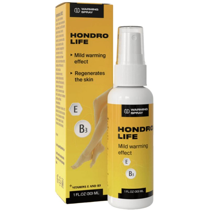 Flacon et emballage de HondroLife Spray. Inscription : Mild warming effect. Contient de la vitamine E et B3. Emballage jaune.