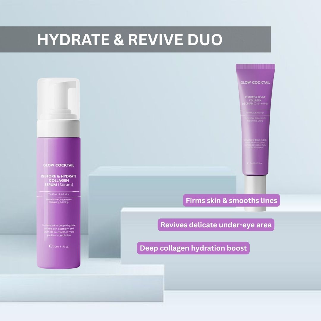 Glow Cocktail Serum en Oogcrème op sokkels. Tekst: Hydrate & Revive Duo.