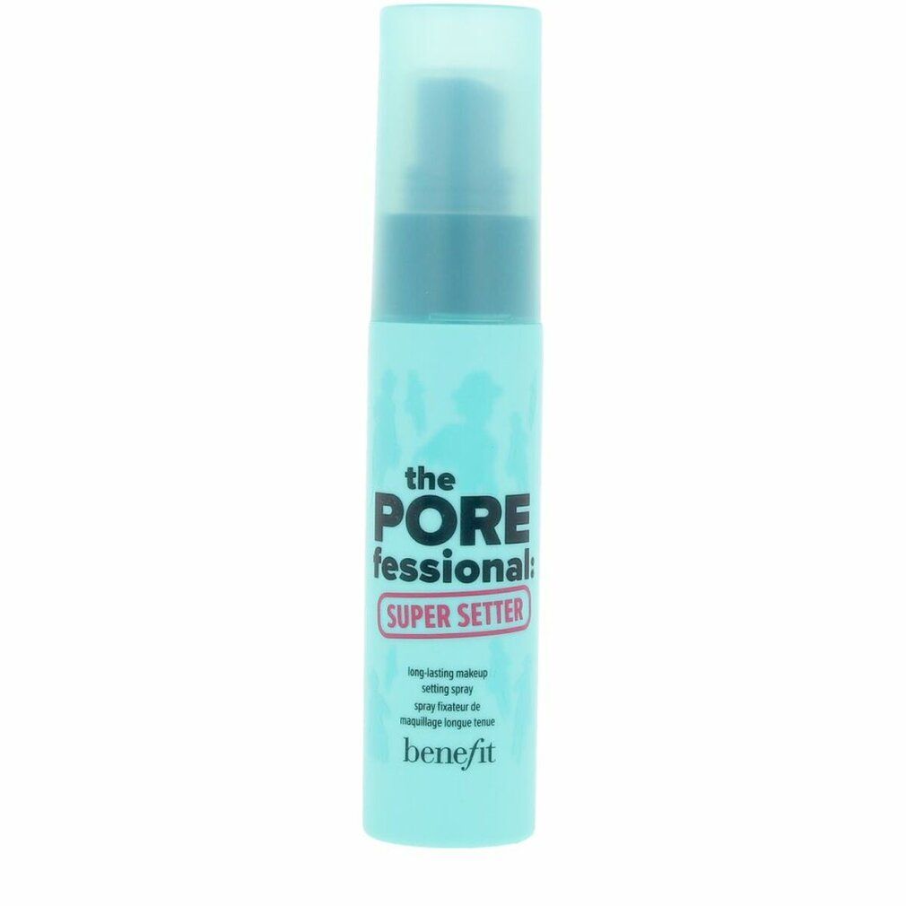 Turquoise sprayfles met zwarte pomp. Opschrift: The Porefessional Super Setter. Merk: benefit.
