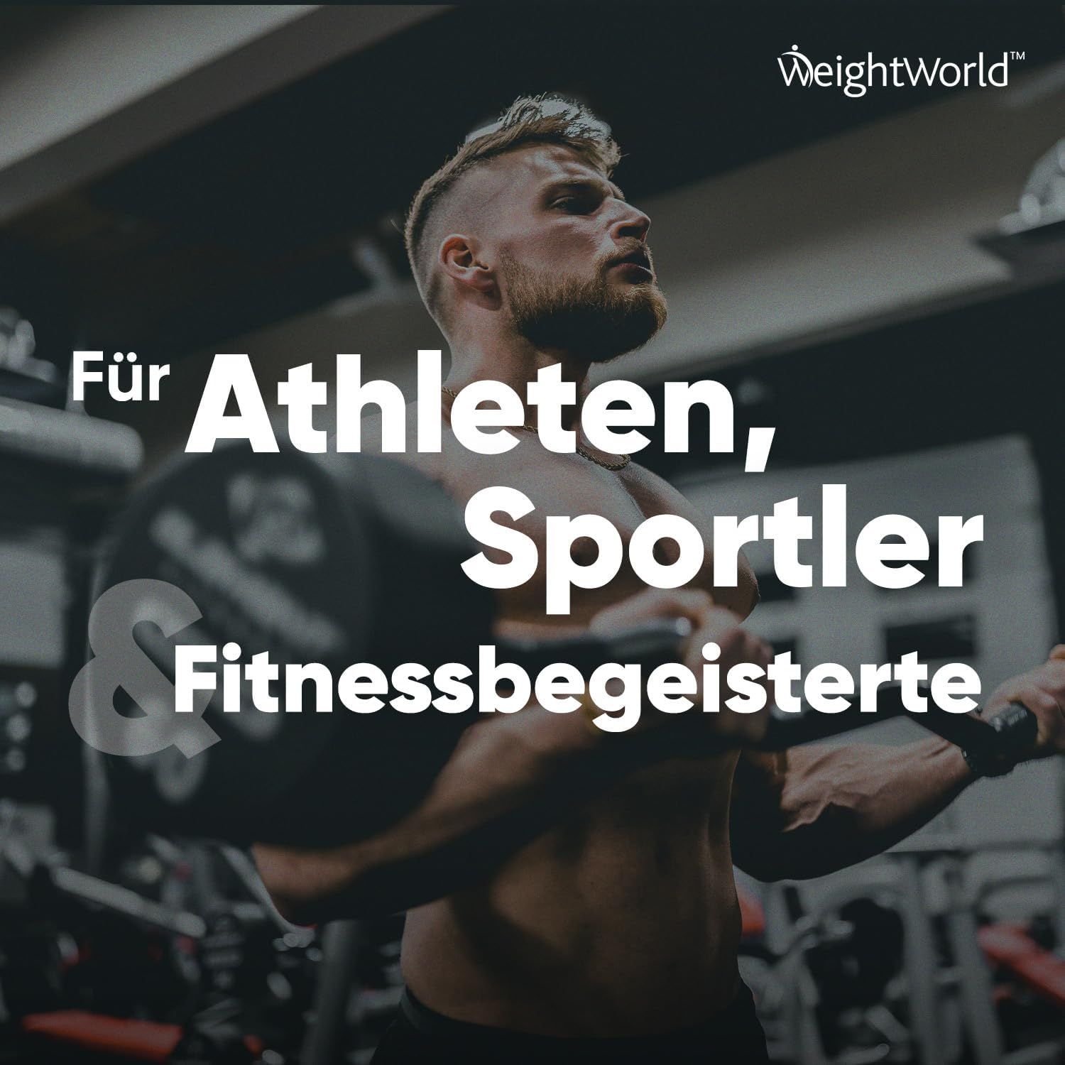 Homme avec haltère dans une salle de sport. Texte : Pour les athlètes, les sportifs et les amateurs de fitness. Logo WeightWorld.