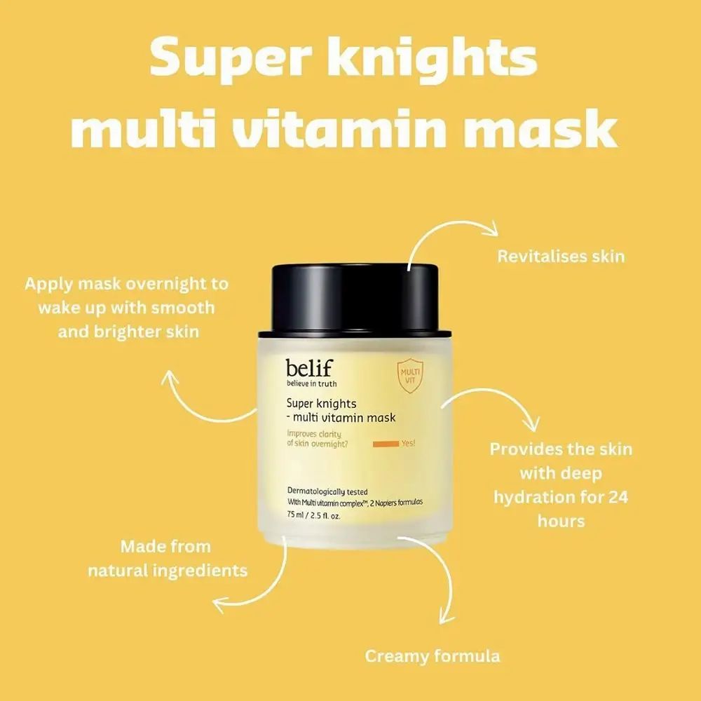 Pot met zwarte deksel. Opschrift: belif, Super knights - multi vitamin mask. Gele vloeistof zichtbaar. Pijlen met tekst.