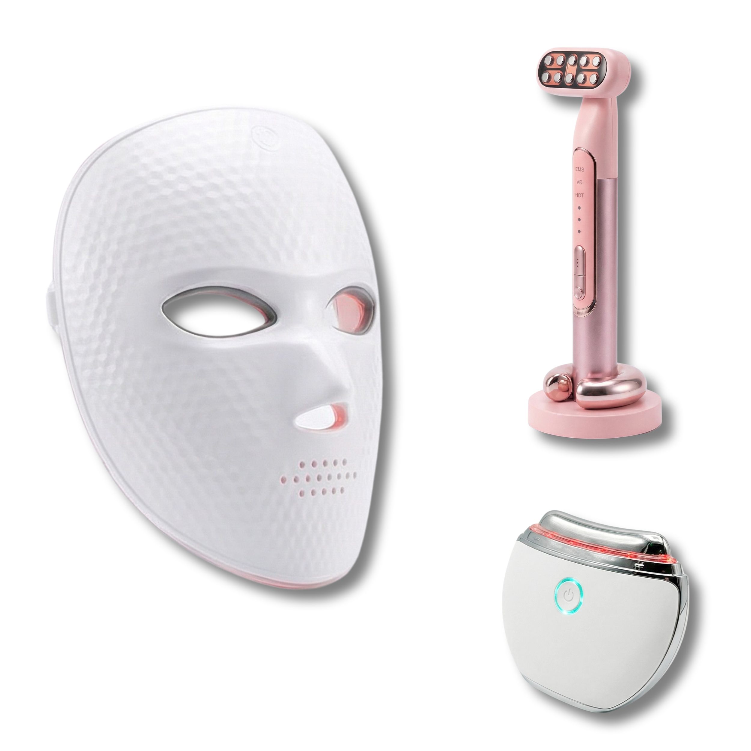 LED-gezichtsmasker, RF-EMS-apparaat en Gua Sha-massager op witte achtergrond.
