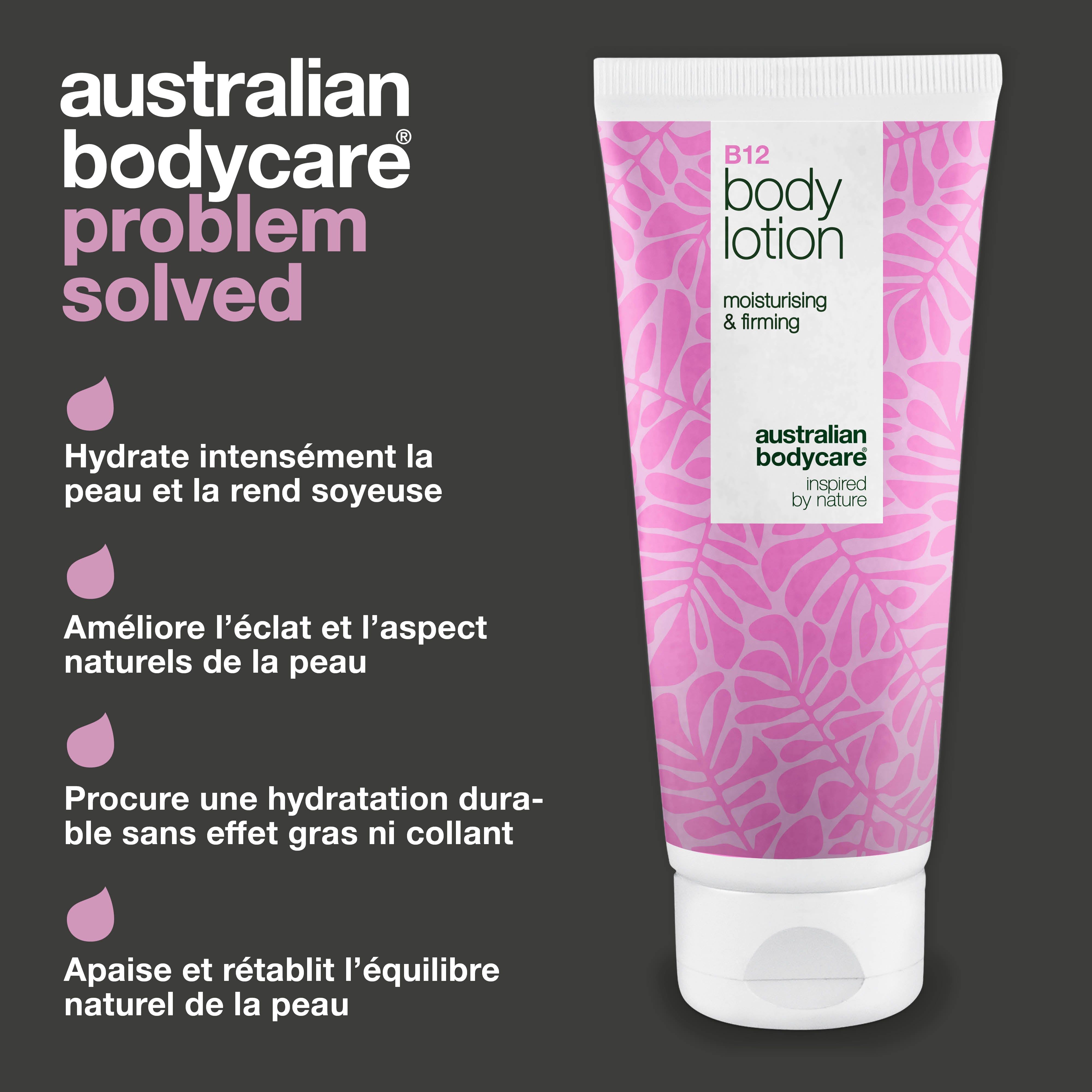 Tube de lotion corporelle B12. Texte : Australian Bodycare, problème résolu. Gouttes roses. Texte : hydratation, éclat, durable, équilibre.